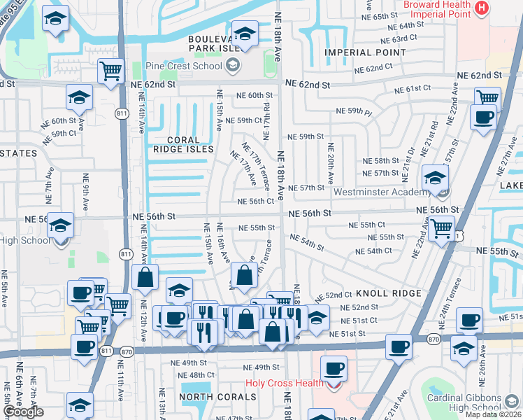 map of restaurants, bars, coffee shops, grocery stores, and more near 1731 Northeast 55th Street in Fort Lauderdale