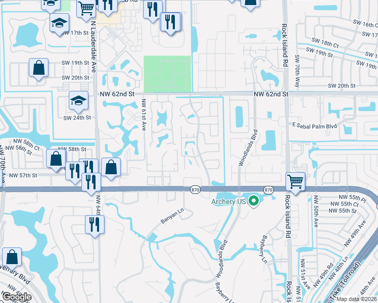 map of restaurants, bars, coffee shops, grocery stores, and more near 5791 Woodland Point Drive in Tamarac