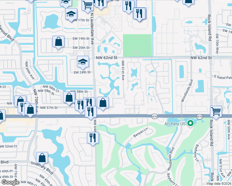 map of restaurants, bars, coffee shops, grocery stores, and more near 22 Northwest 57th Court in Tamarac