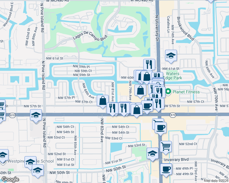 map of restaurants, bars, coffee shops, grocery stores, and more near 5712 Northwest 81st Terrace in Tamarac