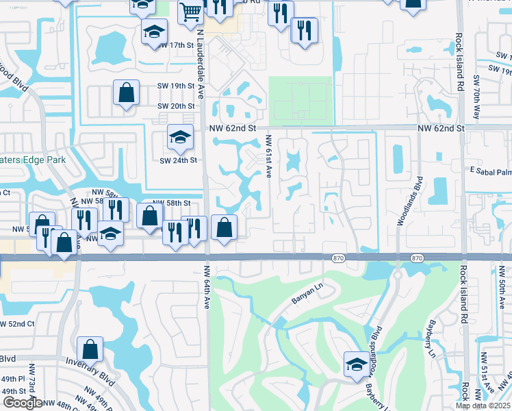 map of restaurants, bars, coffee shops, grocery stores, and more near 5851 Northwest 62nd Avenue in Tamarac