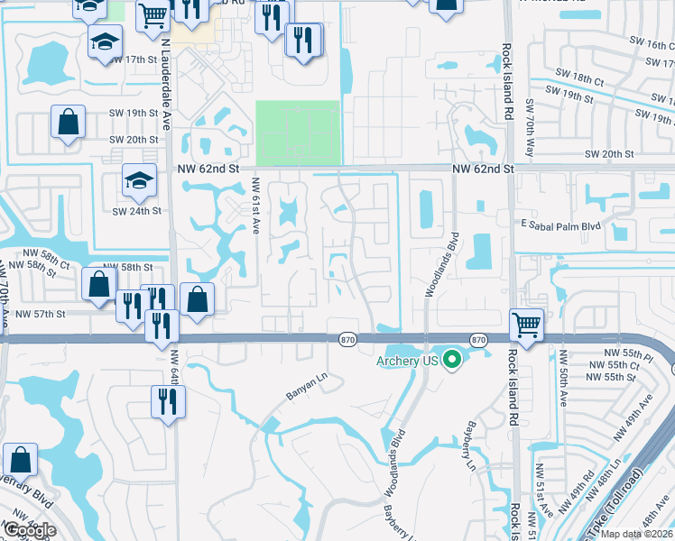 map of restaurants, bars, coffee shops, grocery stores, and more near 5791 Woodland Point Drive in Tamarac