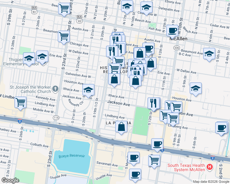 map of restaurants, bars, coffee shops, grocery stores, and more near 909 South 17 1/2 Street in McAllen