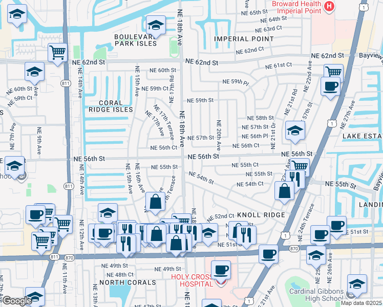 map of restaurants, bars, coffee shops, grocery stores, and more near 5530 Northeast 18th Avenue in Fort Lauderdale