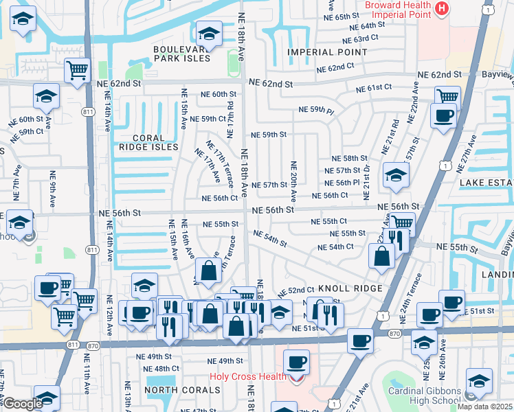 map of restaurants, bars, coffee shops, grocery stores, and more near 1821 Northeast 56th Street in Fort Lauderdale