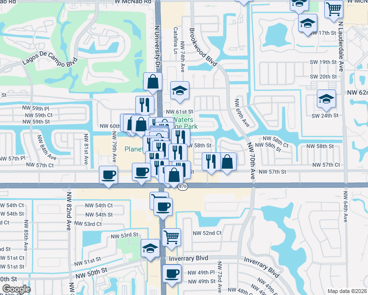 map of restaurants, bars, coffee shops, grocery stores, and more near 7409 Northwest 58th Court in Tamarac
