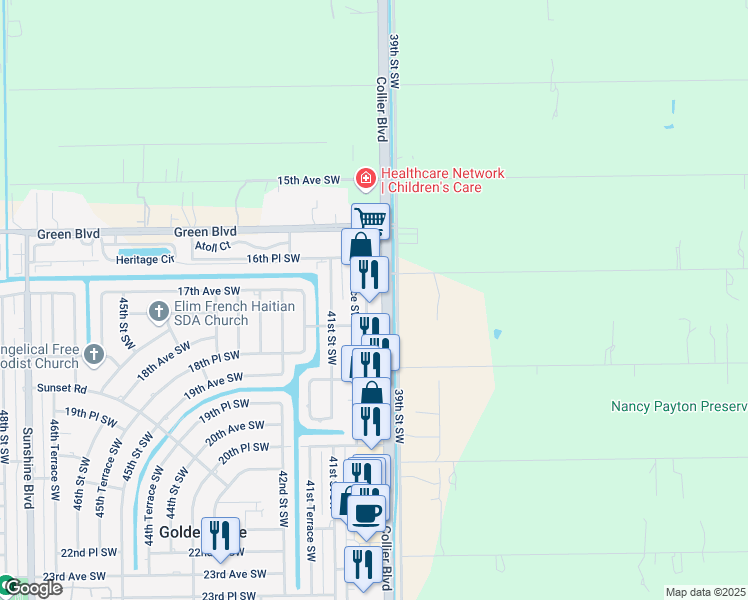 map of restaurants, bars, coffee shops, grocery stores, and more near 12445 Collier Boulevard in Naples