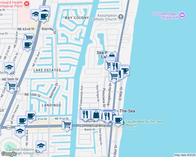 map of restaurants, bars, coffee shops, grocery stores, and more near 7 Minnetonka Road in Sea Ranch Lakes