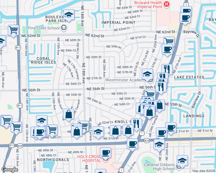 map of restaurants, bars, coffee shops, grocery stores, and more near 5650 Northeast 20th Avenue in Fort Lauderdale