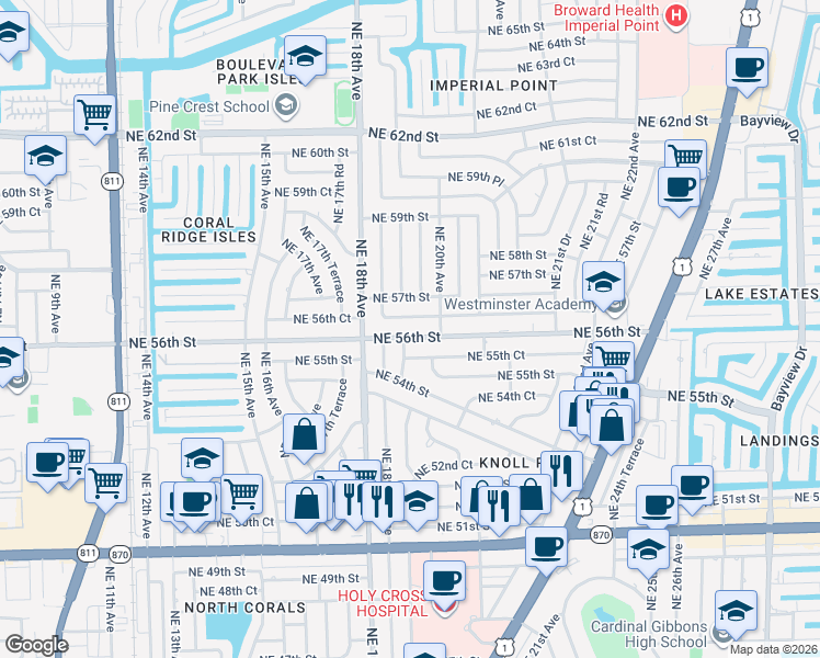 map of restaurants, bars, coffee shops, grocery stores, and more near 1911 Northeast 56th Court in Fort Lauderdale