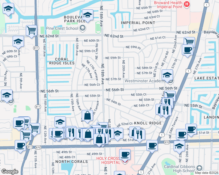 map of restaurants, bars, coffee shops, grocery stores, and more near 5630 Northeast 18th Avenue in Fort Lauderdale