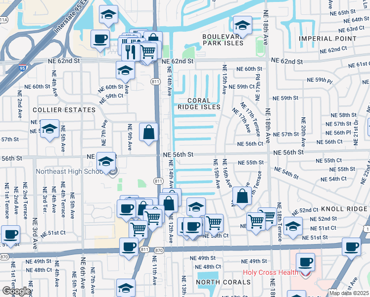 map of restaurants, bars, coffee shops, grocery stores, and more near 1417 Northeast 56th Court in Fort Lauderdale