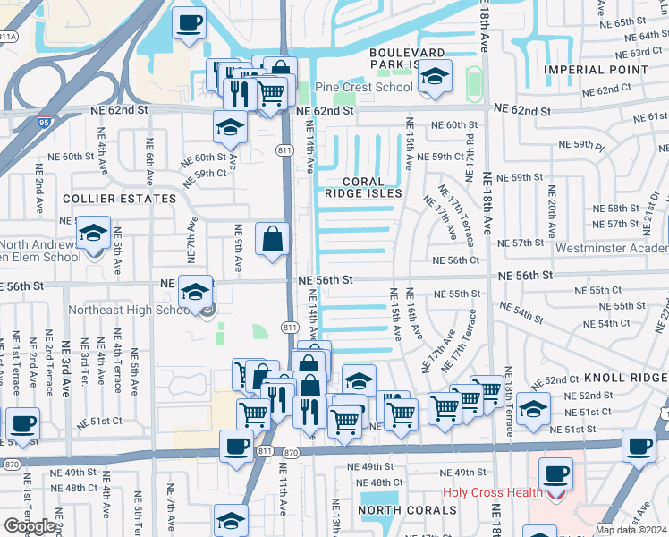 map of restaurants, bars, coffee shops, grocery stores, and more near 1417 Northeast 56th Court in Fort Lauderdale