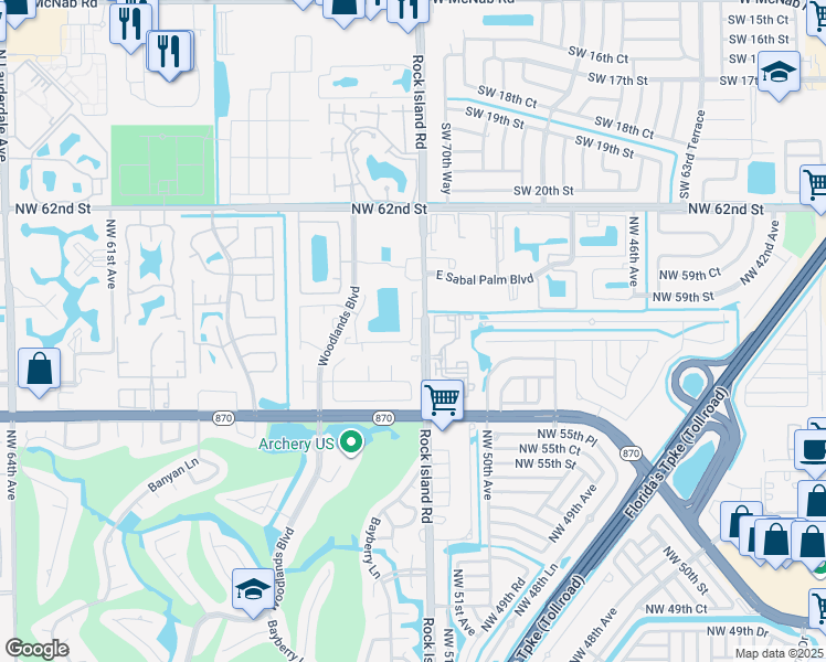 map of restaurants, bars, coffee shops, grocery stores, and more near 5232 Gate Lake Road in Tamarac