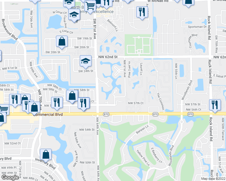 map of restaurants, bars, coffee shops, grocery stores, and more near 5851 Northwest 62nd Avenue in Tamarac