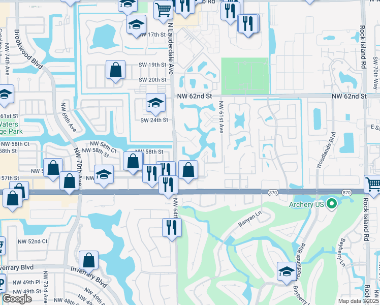 map of restaurants, bars, coffee shops, grocery stores, and more near 5830 Northwest 64th Avenue in Tamarac