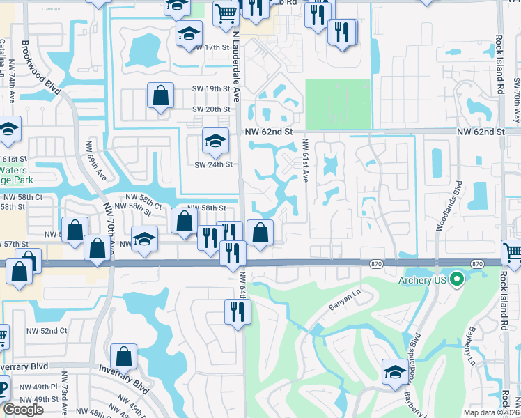 map of restaurants, bars, coffee shops, grocery stores, and more near 5830 Northwest 64th Avenue in Tamarac