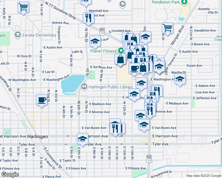 map of restaurants, bars, coffee shops, grocery stores, and more near 601-699 N 10th St in Harlingen
