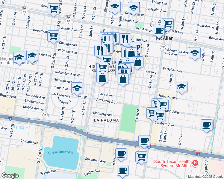 map of restaurants, bars, coffee shops, grocery stores, and more near 713 South 16th Street in McAllen