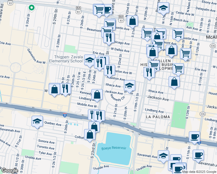 map of restaurants, bars, coffee shops, grocery stores, and more near 2208 Ithaca Avenue in McAllen