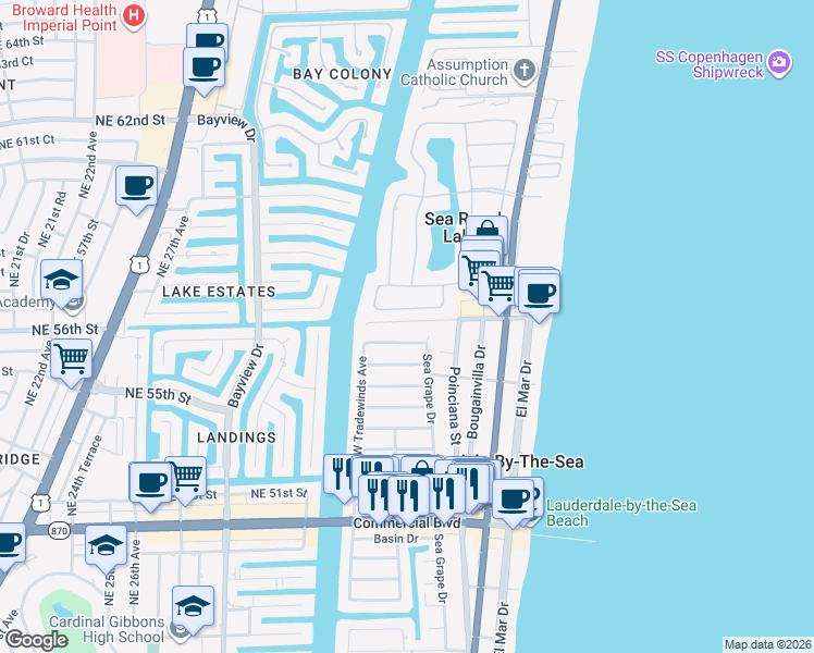 map of restaurants, bars, coffee shops, grocery stores, and more near 17 Minnetonka Road in Sea Ranch Lakes