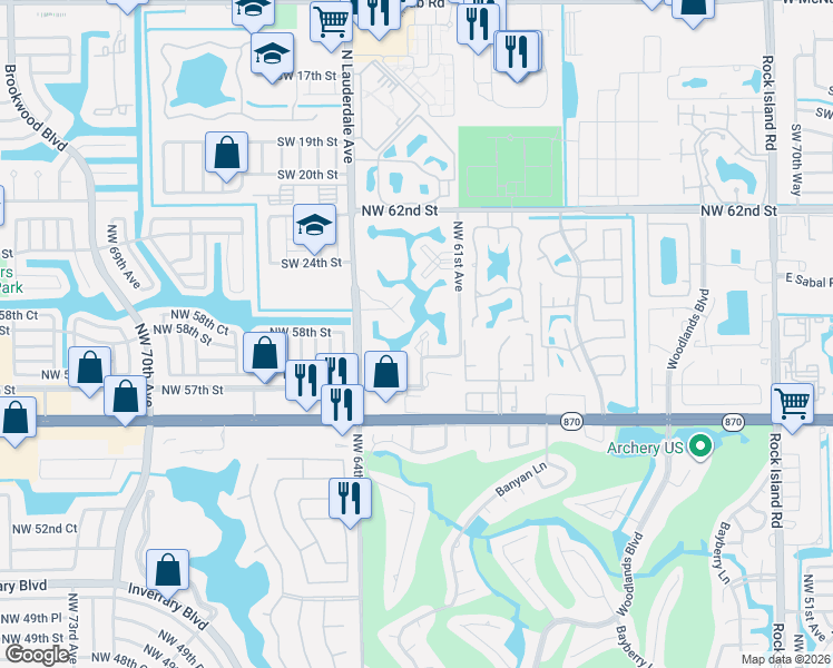 map of restaurants, bars, coffee shops, grocery stores, and more near 5851 Northwest 62nd Avenue in Tamarac