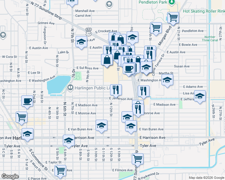 map of restaurants, bars, coffee shops, grocery stores, and more near 1201-1299 East Washington Avenue in Harlingen