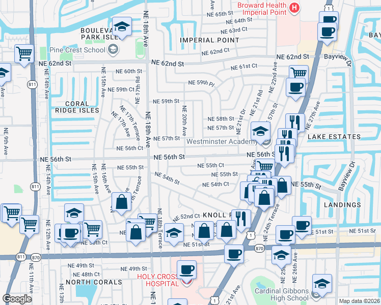 map of restaurants, bars, coffee shops, grocery stores, and more near 5650 Northeast 20th Avenue in Fort Lauderdale