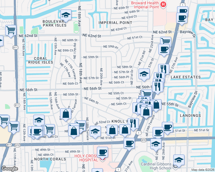 map of restaurants, bars, coffee shops, grocery stores, and more near 5650 Northeast 20th Avenue in Fort Lauderdale