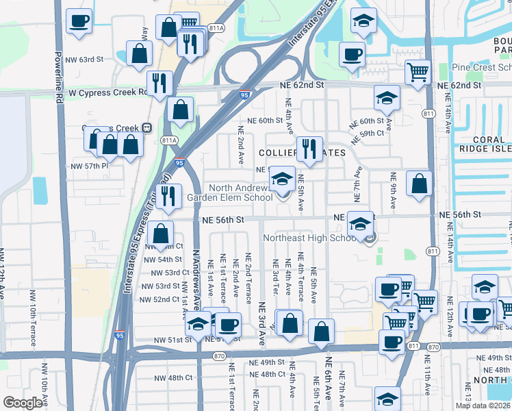 map of restaurants, bars, coffee shops, grocery stores, and more near 5670 Northeast 2nd Terrace in Fort Lauderdale