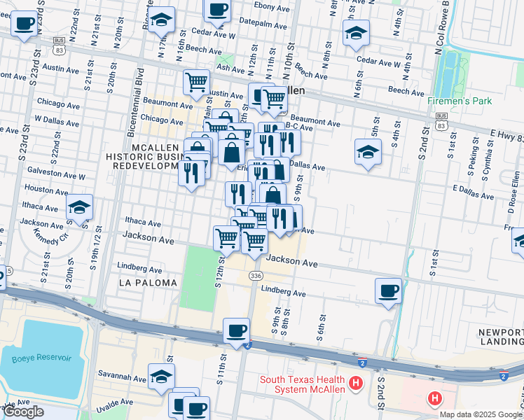 map of restaurants, bars, coffee shops, grocery stores, and more near 613 South 11th Street in McAllen