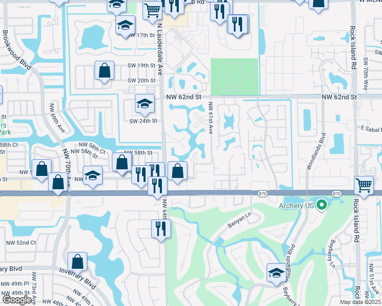 map of restaurants, bars, coffee shops, grocery stores, and more near 5851 Northwest 62nd Avenue in Tamarac