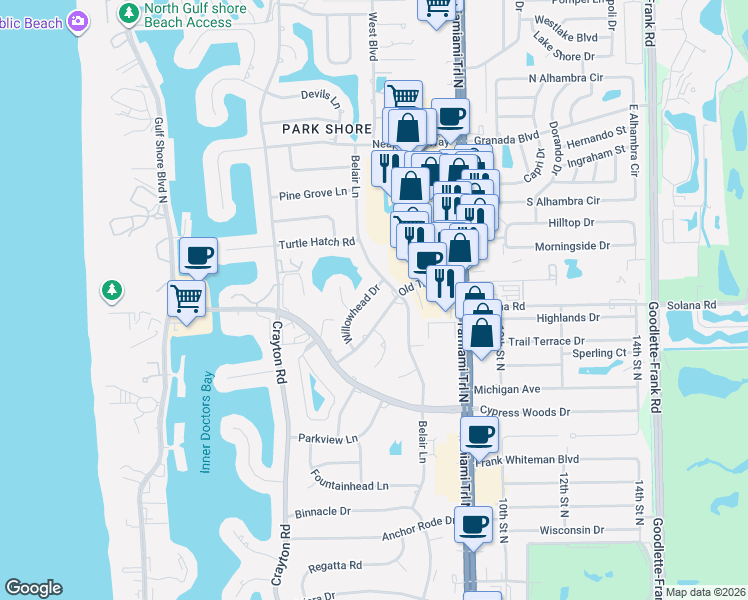 map of restaurants, bars, coffee shops, grocery stores, and more near 745 Willowhead Drive in Naples