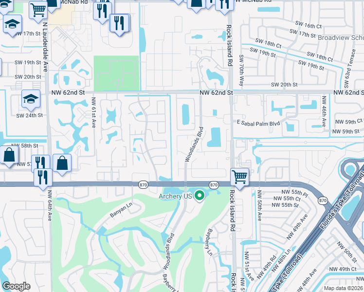 map of restaurants, bars, coffee shops, grocery stores, and more near 5880 Northwest 57th Avenue in Tamarac