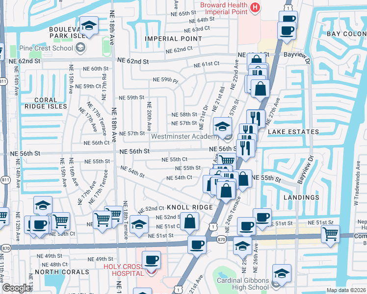 map of restaurants, bars, coffee shops, grocery stores, and more near 2143 Northeast 56th Court in Fort Lauderdale