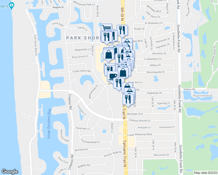 map of restaurants, bars, coffee shops, grocery stores, and more near 4104 Belair Lane in Naples