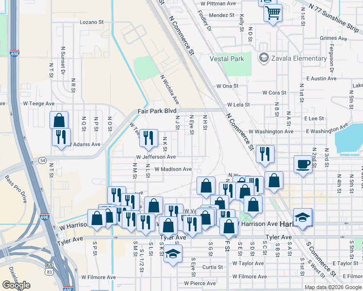 map of restaurants, bars, coffee shops, grocery stores, and more near 501 North J Street in Harlingen