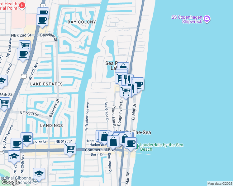 map of restaurants, bars, coffee shops, grocery stores, and more near 4705 Bougainvilla Drive in Sea Ranch Lakes