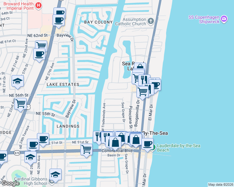 map of restaurants, bars, coffee shops, grocery stores, and more near 17 Minnetonka Road in Sea Ranch Lakes