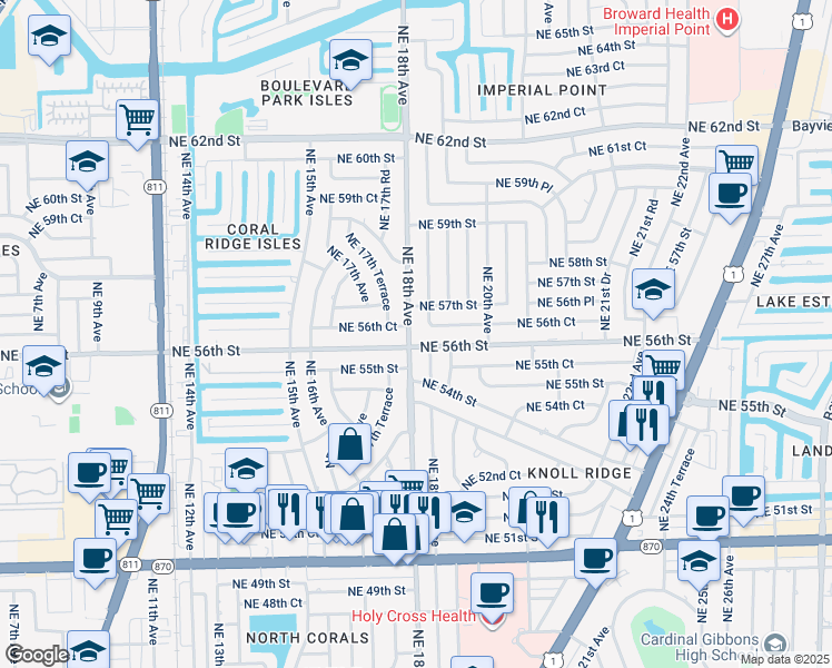 map of restaurants, bars, coffee shops, grocery stores, and more near 5630 Northeast 18th Avenue in Fort Lauderdale