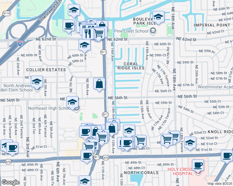 map of restaurants, bars, coffee shops, grocery stores, and more near 5691 Northeast 14th Avenue in Fort Lauderdale