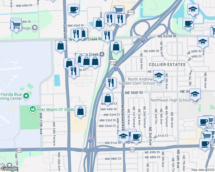 map of restaurants, bars, coffee shops, grocery stores, and more near 324 Northwest 57th Street in Oakland Park