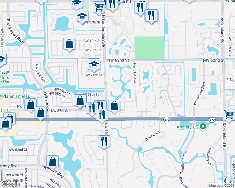 map of restaurants, bars, coffee shops, grocery stores, and more near 5830 Northwest 64th Avenue in Tamarac
