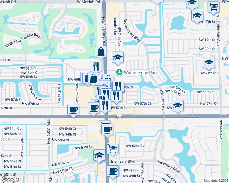 map of restaurants, bars, coffee shops, grocery stores, and more near 7509 Northwest 58th Court in Tamarac