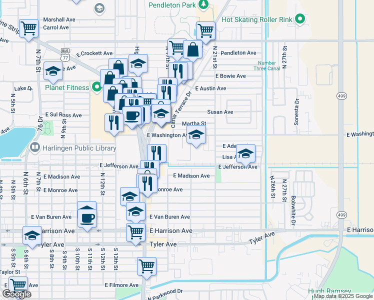 map of restaurants, bars, coffee shops, grocery stores, and more near 1802 East Washington Avenue in Harlingen