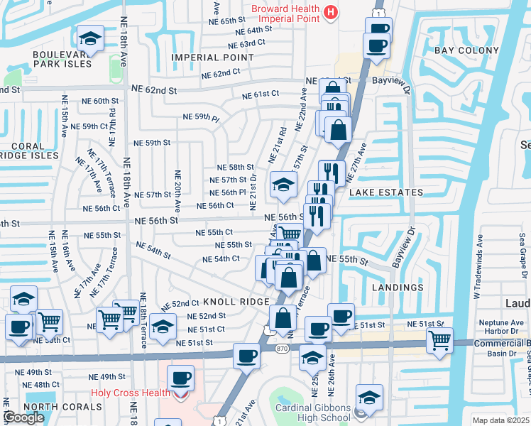 map of restaurants, bars, coffee shops, grocery stores, and more near 2175 Northeast 56th Street in Fort Lauderdale