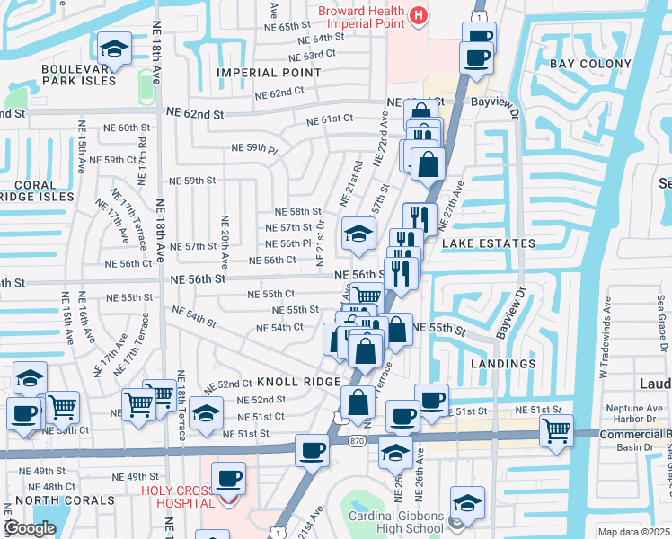 map of restaurants, bars, coffee shops, grocery stores, and more near 5630 Northeast 21st Drive in Fort Lauderdale