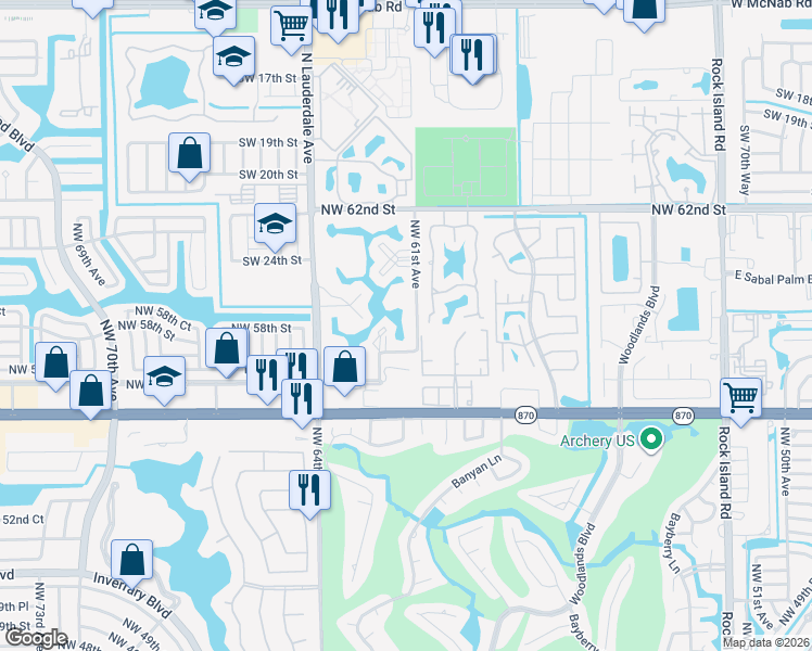 map of restaurants, bars, coffee shops, grocery stores, and more near 6181 Pine Tree Lane in Tamarac