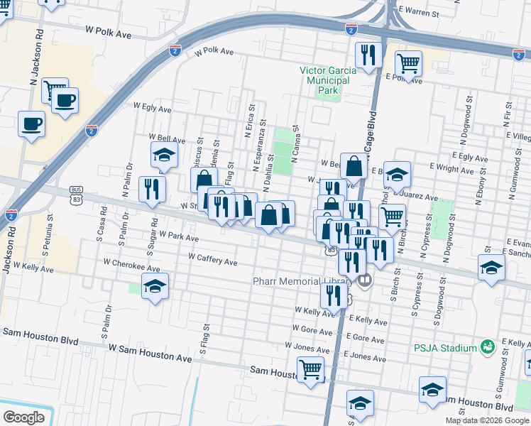 map of restaurants, bars, coffee shops, grocery stores, and more near 408 West Clark Avenue in Pharr
