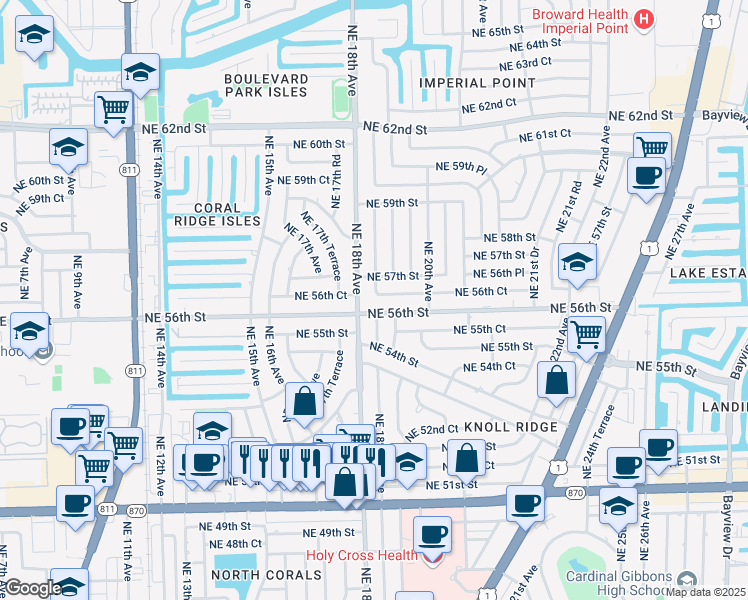 map of restaurants, bars, coffee shops, grocery stores, and more near 5630 Northeast 18th Avenue in Fort Lauderdale